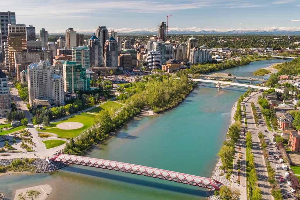 An aerial view of Calgary and its bridges