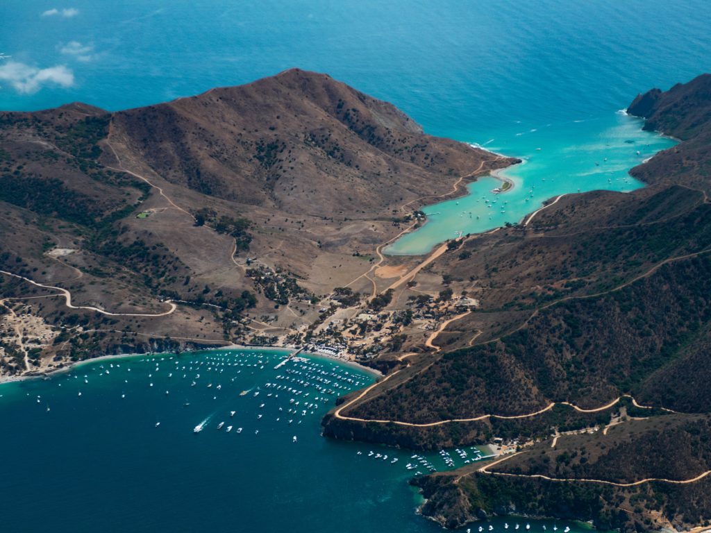 Aerial view of Catalina Island and its Two Harbors, off the coast of Los Angeles, California 