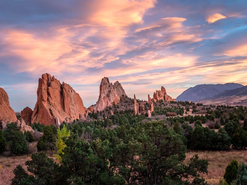 An epic view of the mountain scenery in Garden of the Gods near Colorado Springs.