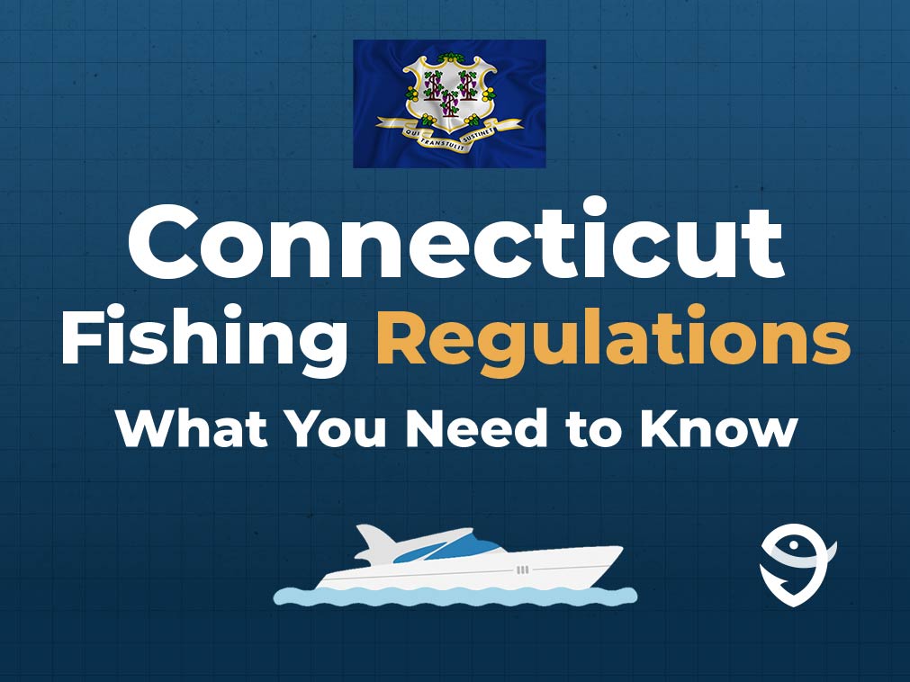 An infographic featuring the Connecticut state flag, a vector of a boat, and text saying "Connecticut Fishing Regulations: What You Need to Know" against a blue background