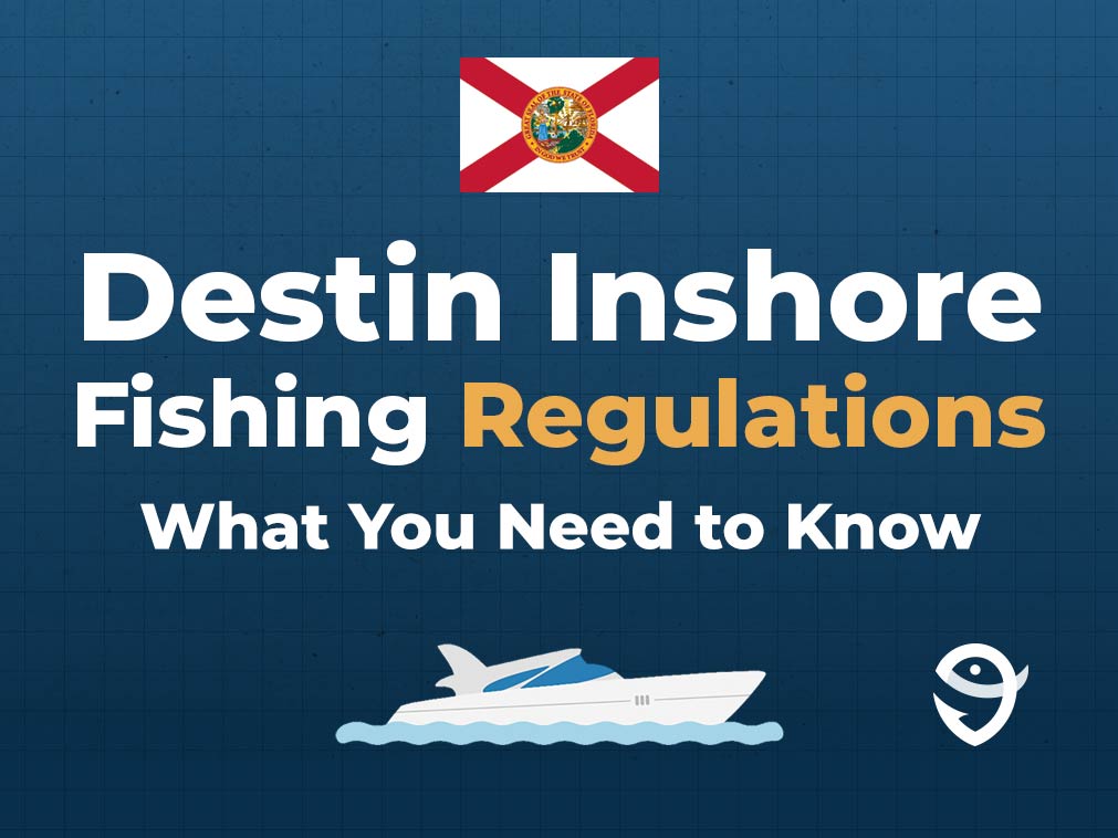 An infographic with Florida's state flag, a vector of a boat and text saying "Destin Inshore Fishing Regulations: What You Need to Know" against a blue background