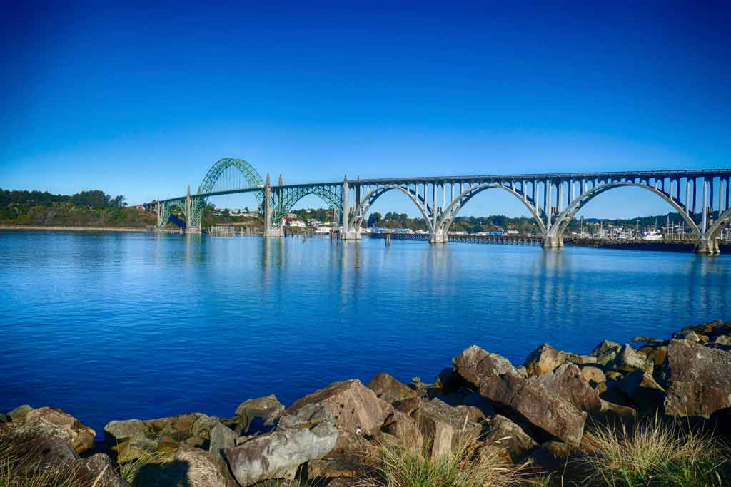 A view of the Yaquina Bay Bridge from the jetties next to it