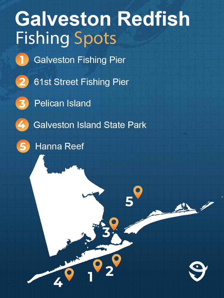 An infographic featuring the best Redfish fishing spots in Galveston and text that says "Galveston Redfish Fishing Spots" and names of the hotspots against a blue background with the FishingBooker logo