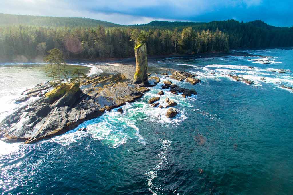 An aerial view of the rocky coastline of the Haida Gwaii archipelago