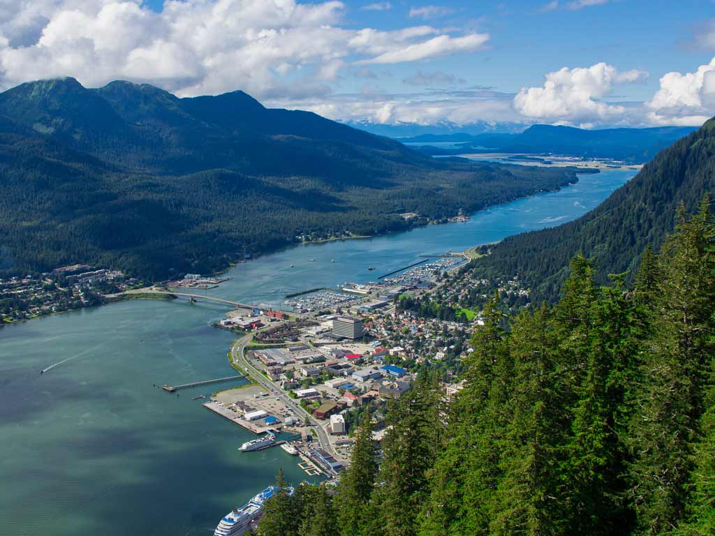 A breathtaking aerial view of Juneau, Alaska and its coastal waters. 