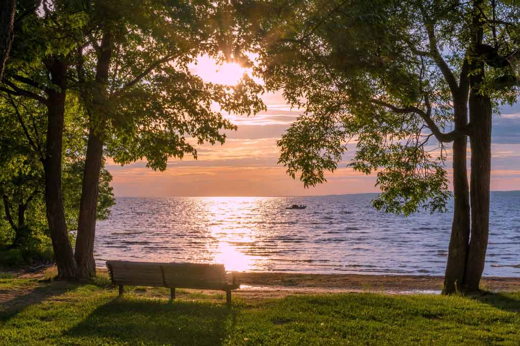 A view of Lac Seul from the shore, with a bench between two tall trees