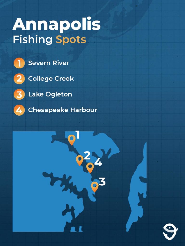 A map showing some of the most popular fishing spots in and near Annapolis against a blue background