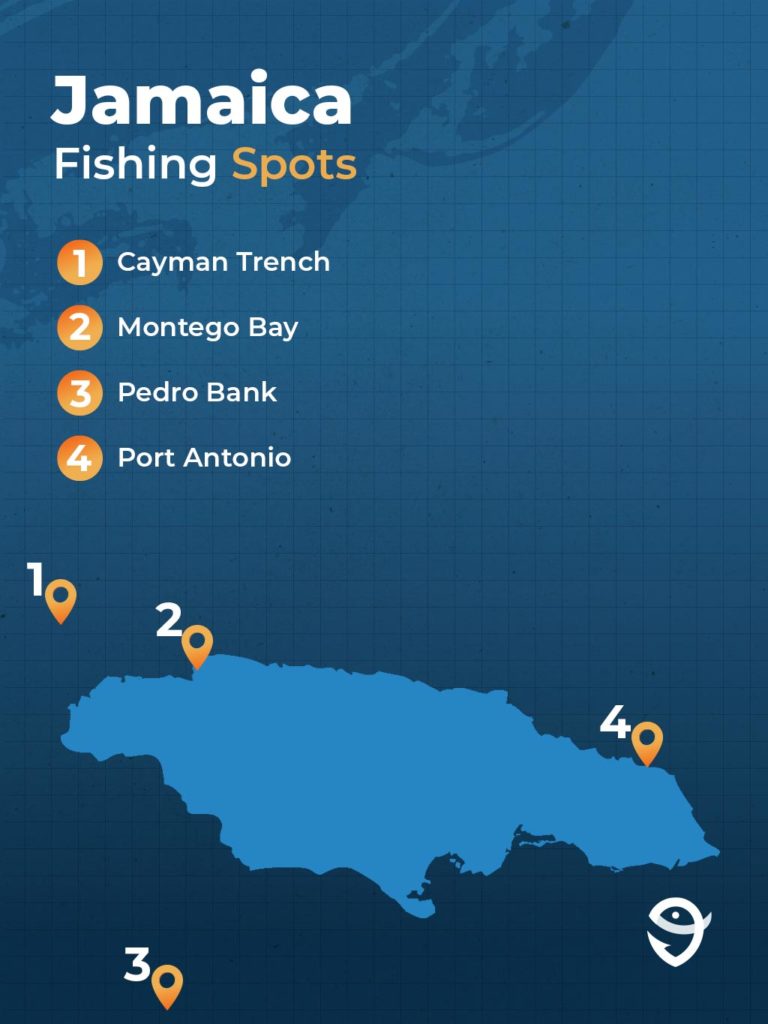 A map showing the most popular fishing spots in Jamaica against a blue background.