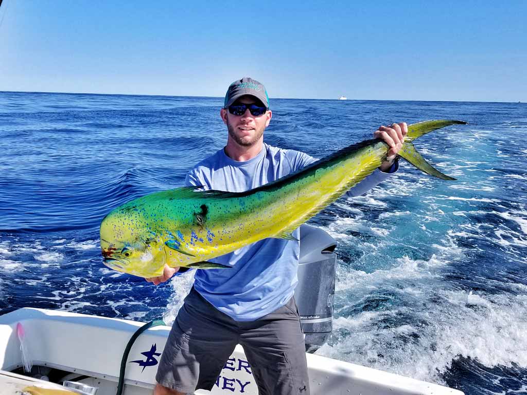 An angler standing on the deck of a charter boat, holding a sizeable Mahi Mahi he caught.