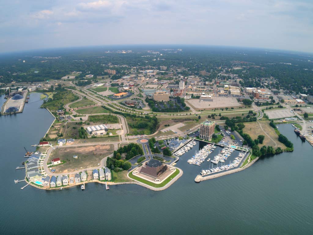 An aerial view of Muskegon, one of the best fishing cities on the US side of Lake Michigan.