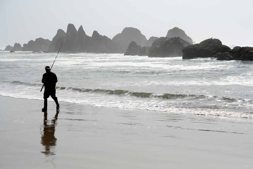 A surf fisherman walking along the beach with a rod in his hands, near Newport, Oregon