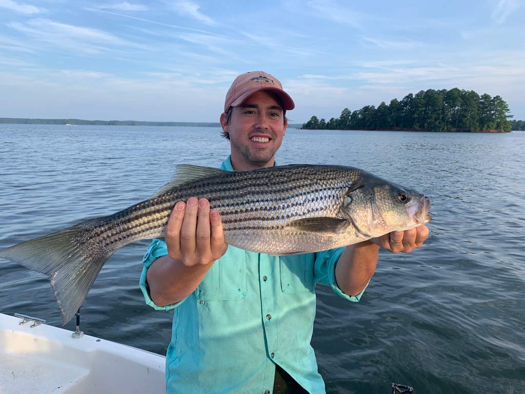 An angler standing on a boat, holding a Striped Bass he caught while fishing in Lake Hartwell.