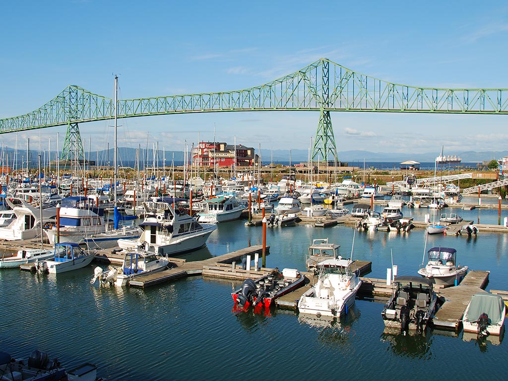 Boats parked in Astoria's Pier on a sunny day, with a bridge visible in the distance.