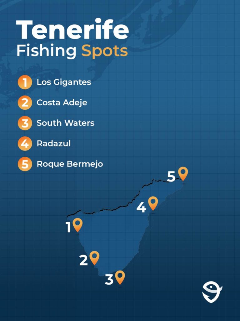 An infographic showing the best Tenerife fishing spots against a blue background with the FishingBooker logo in the bottom-right of the image