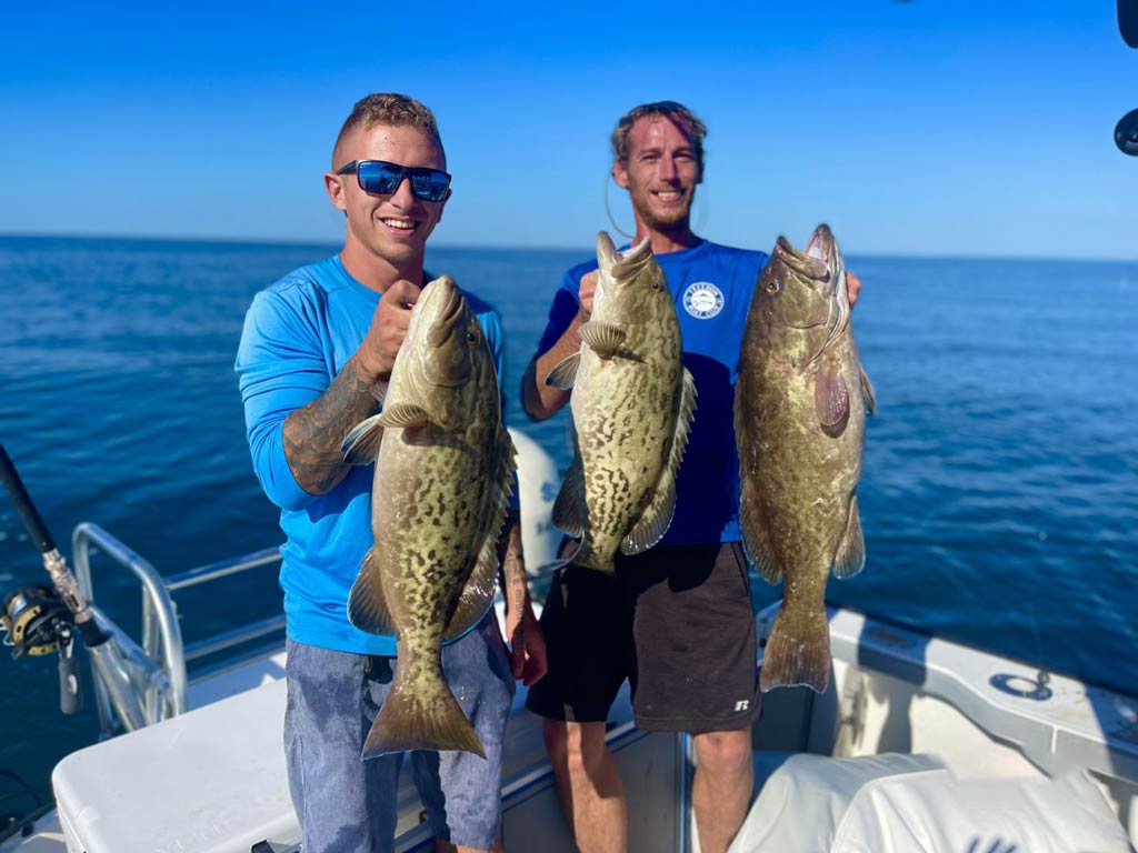 Two anglers standing on a charter boat and holding three Groupers caught while fishing in South Carolina