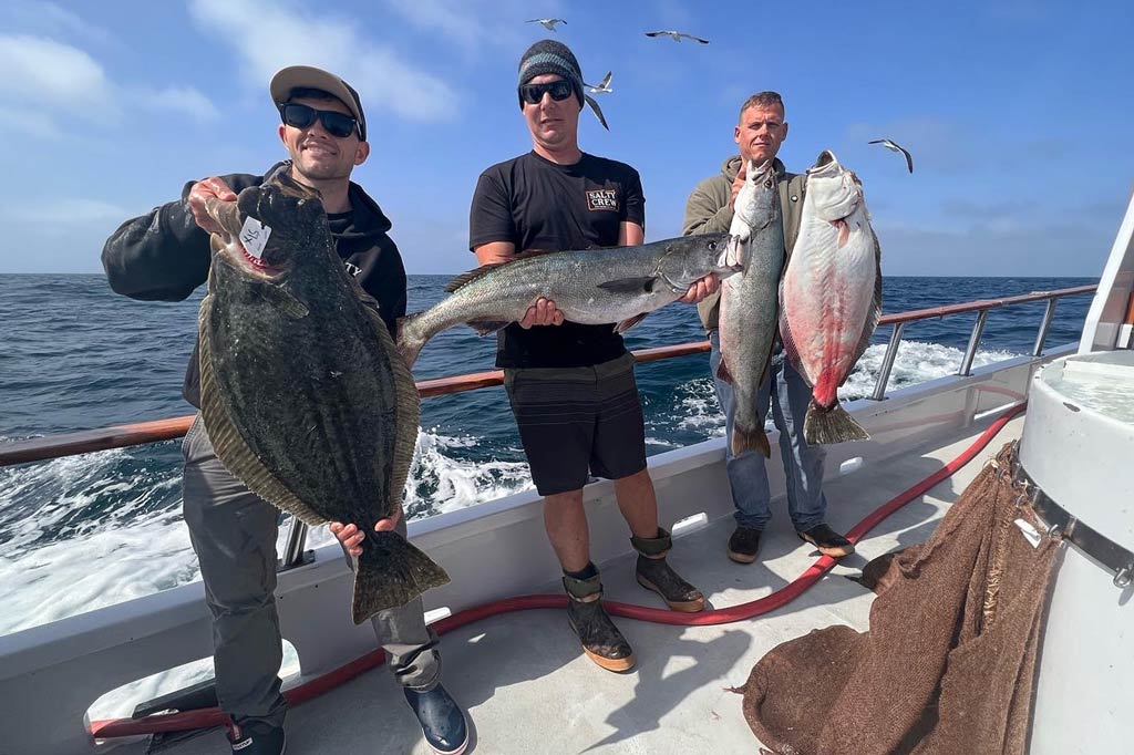 Three anglers on a fishing boat, two holding Halibut, and one holding a Corbina fish, with blue waters behind them and three seagulls also flying