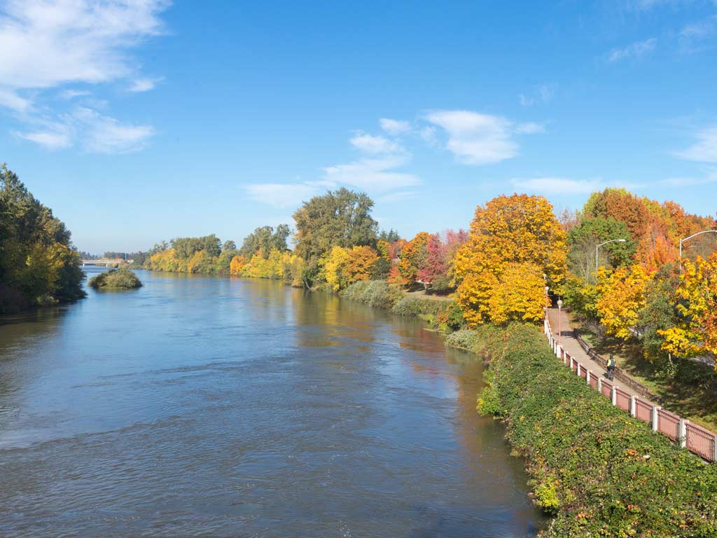 A scenic photo of the Willamette River in Eugene, Oregon on a fall day, with yellow-red foliage on the right of the river.