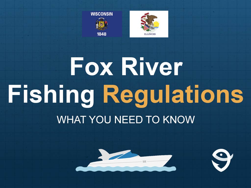 An infographic featuring the state flags of Wisconsin and Illinois, a vector of a boat, and text that says "Fox River Fishing Regulations: What You Need to Know" against a dark blue background