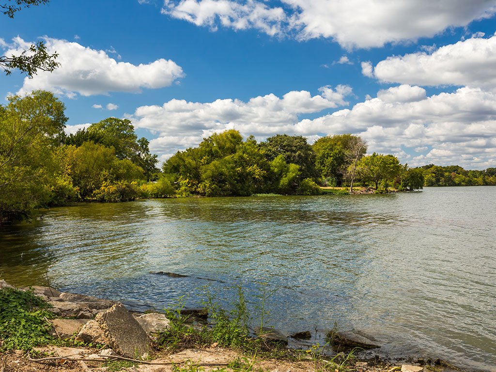 A view from the shore across Lake Tawakoni on a sunny day, with trees visible on the opposite bank