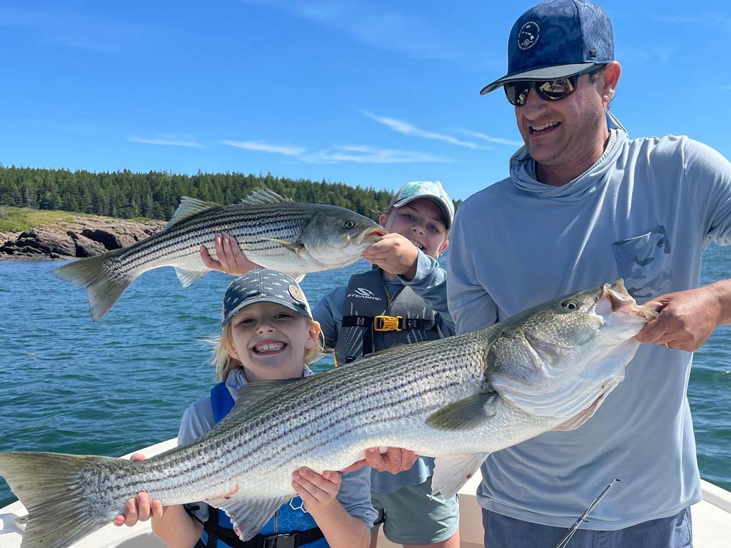 Two kids and a man in a cap, each holding a Striped Bass on a sunny day in Maine
