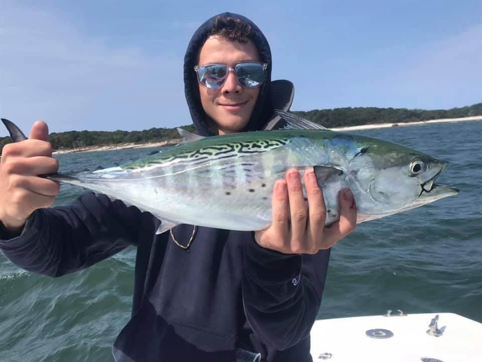 A smiling angler, wearing sunglasses and with his hood up, presenting a False Albacore to the camera, while standing on a boat with the water behind him on a sunny day