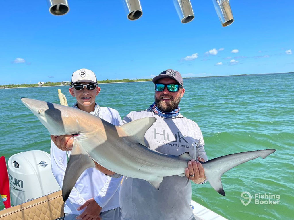 Two smiling anglers wearing baseball caps and sunglasses, holding a large Shark on a fishing charter in the inshore waters of Southwest Florida on a sunny day