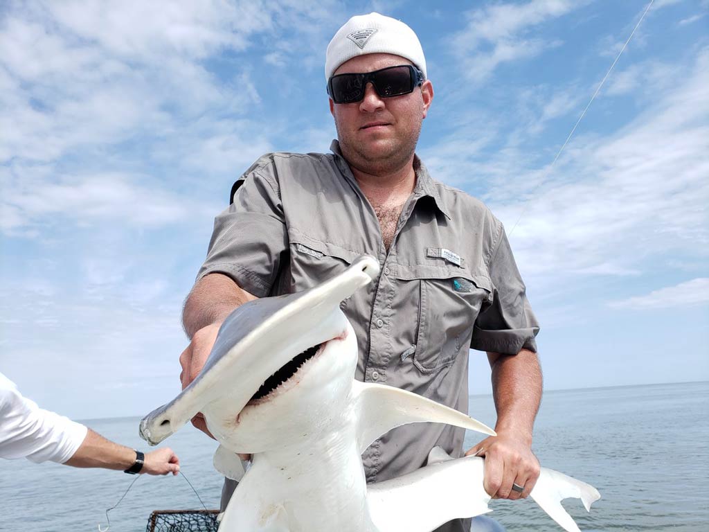 A photo showing an angler wearing a white cap and a pair of black sunglasses while posing with a big Hammerhead Shark for the camera on a charter fishing boat