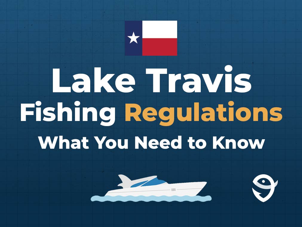 An infographic featuring the flag of Texas and text that says "Lake Travis Fishing Regulations: What You Need to Know" against a dark blue background