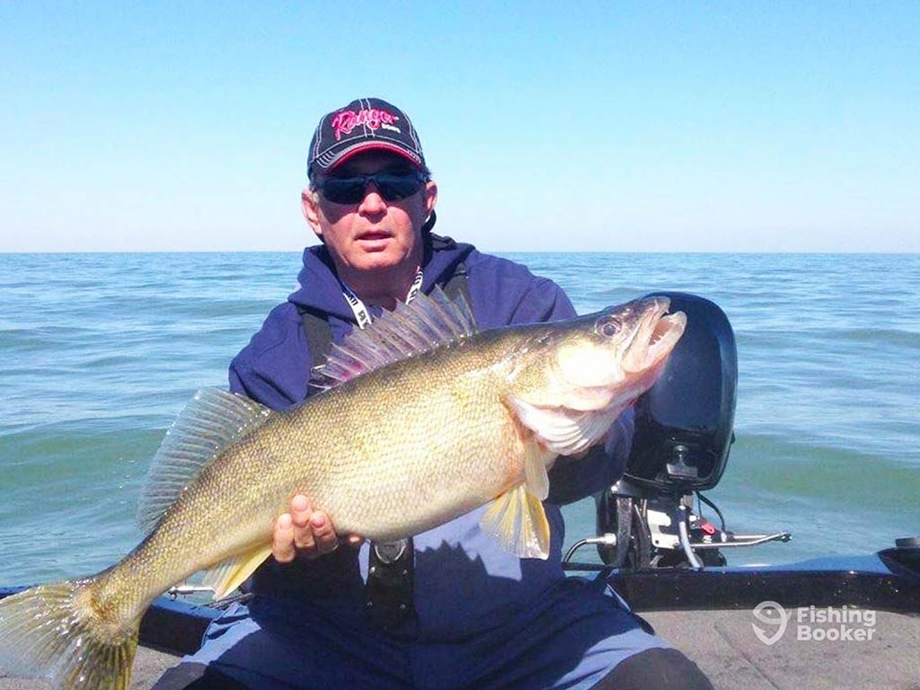 A middle-aged angler on a fishing boat, holding a large Walleye with the water behind him on a sunny day