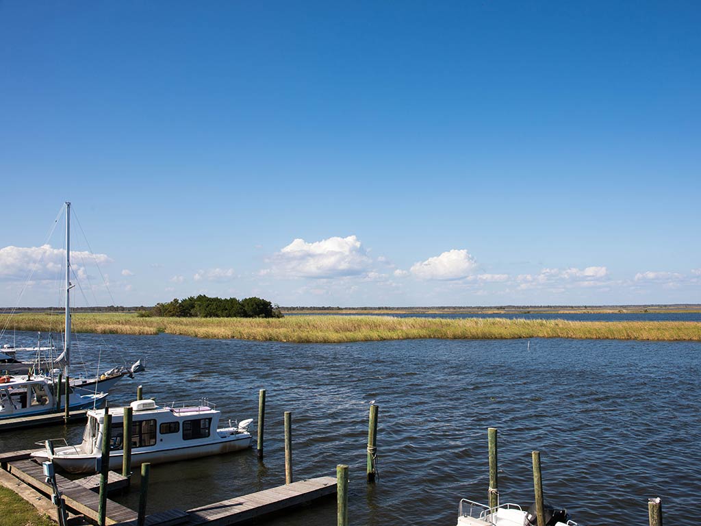 A view across a small boat dock in the calm backcountry waters near Apalachicola, with a few boats visible in the foreground on a sunny day