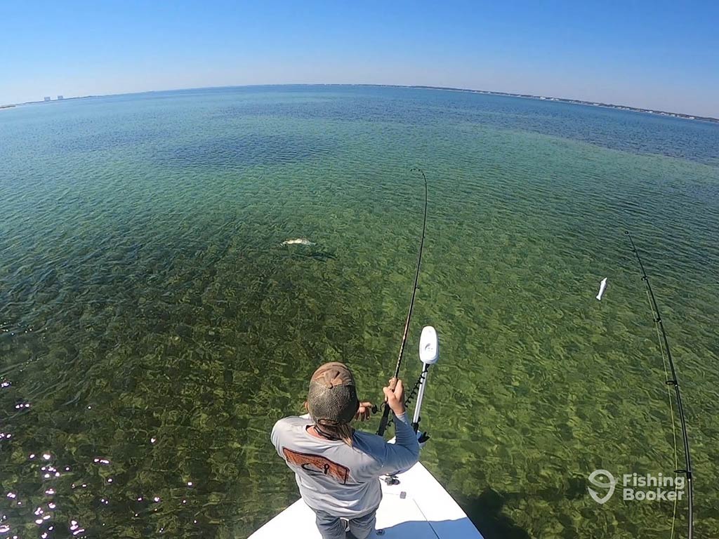 A view from the tower of a small boat of an angler casting into the clear, shallow inshore waters of Navarre, FL