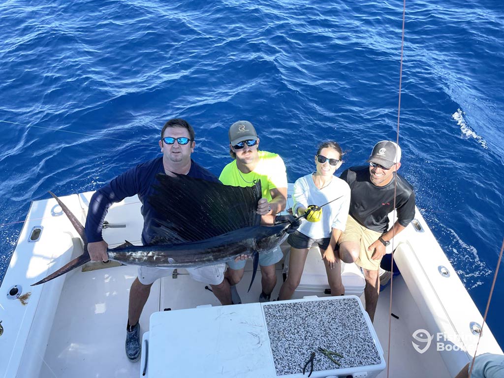 A view from a flybridge down towards the deck of a boat, where four anglers are holding a Sailfish caught fishing out of Savannah, GA