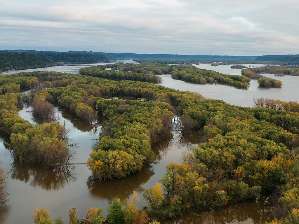 An aerial view of the upper Mississippi River in Wisconsin on a cloudy day in fall, with waters winding between trees in the distance