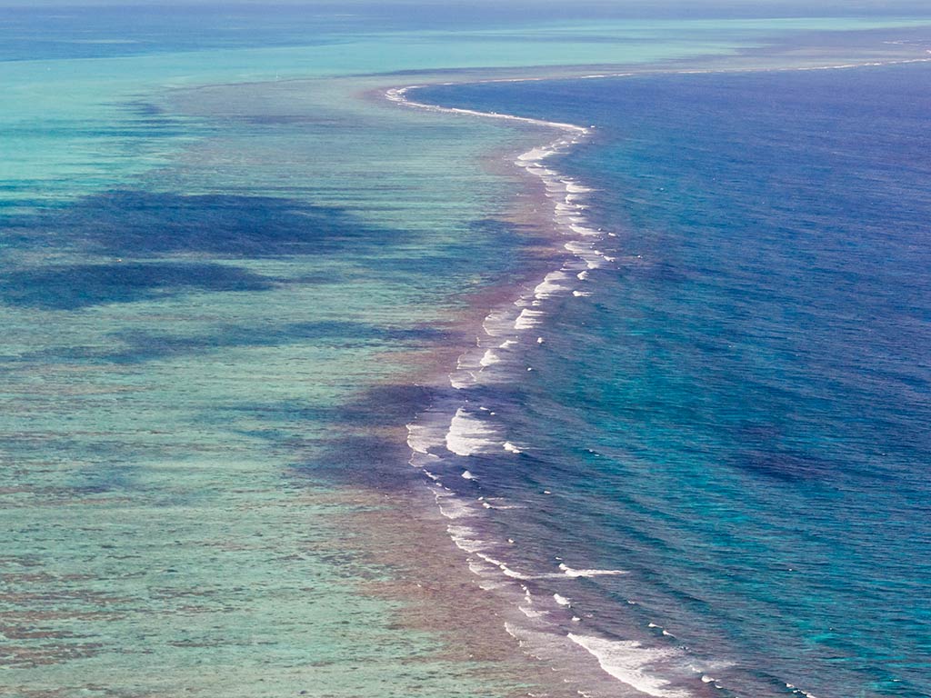 An aerial view of the barrier reef around Ambergris Caye, Belize, with turquoise waters on the left of the image and darker blue waters on the right