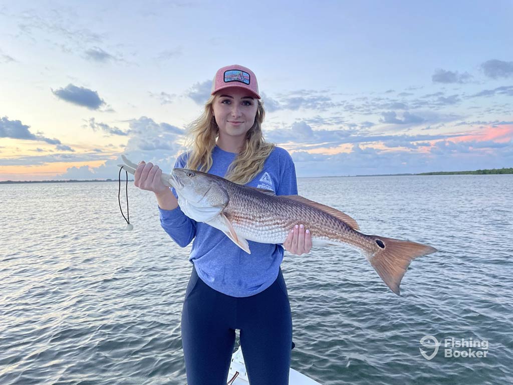 A female angler in a a baseball cap, standing at the front of an inshore fishing boat, presenting her Redfish catch at sunset on a relatively clear day