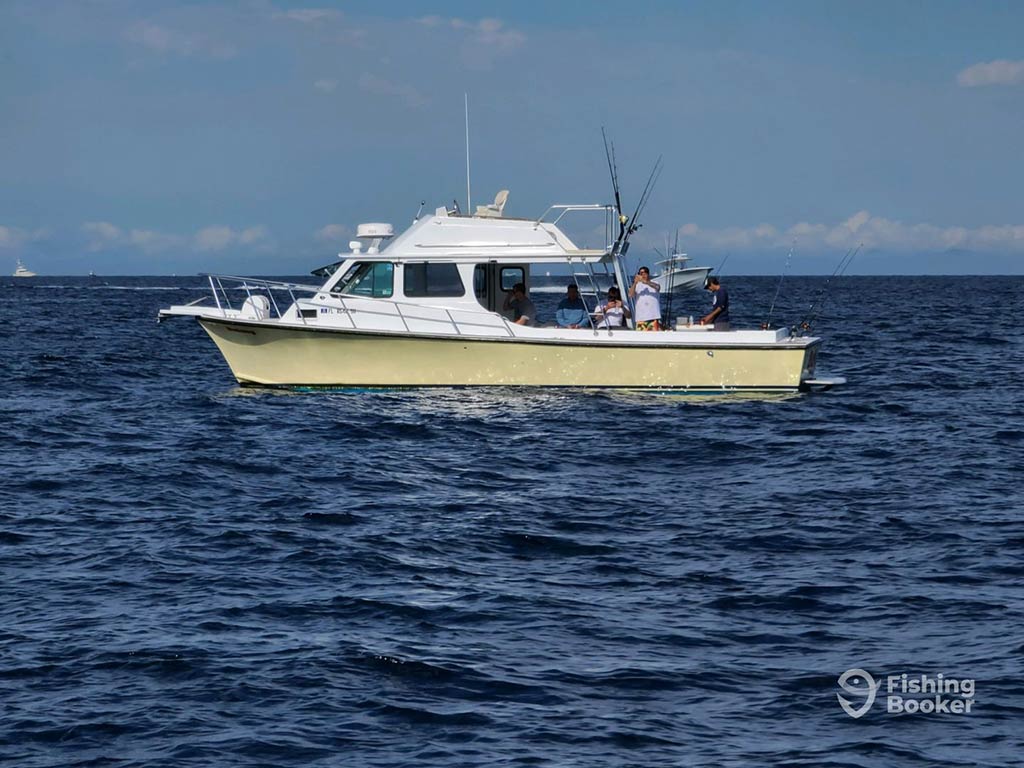 A view across the water towards an offshore fishing charter in the Atlantic Ocean, with anglers on the deck examining the water on a clear day