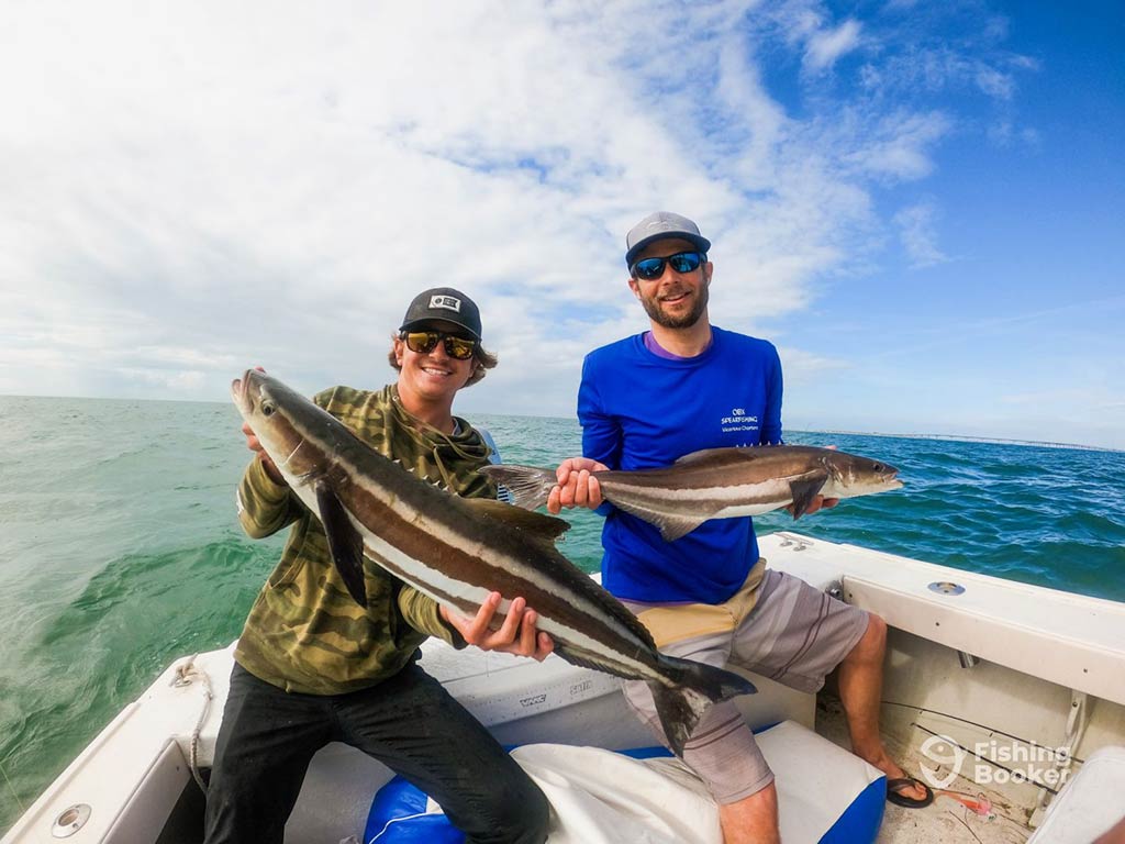 Two male anglers sit on the front of a fishing boat, nearshore from Manteo, holding a Cobia each, with the clear blue water behind them and some clouds in the sky on a bright day