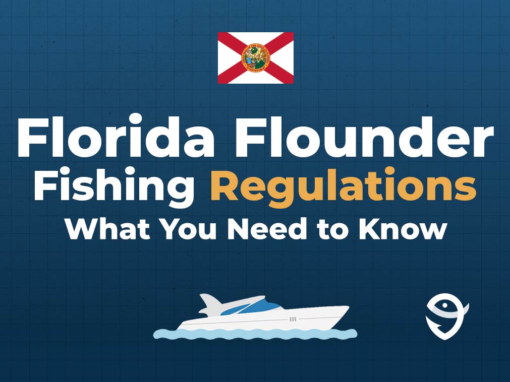 An infographic featuring the state flag of Florida along with text that says "Florida Flounder Fishing Regulations: What You Need to Know" against a dark blue background.