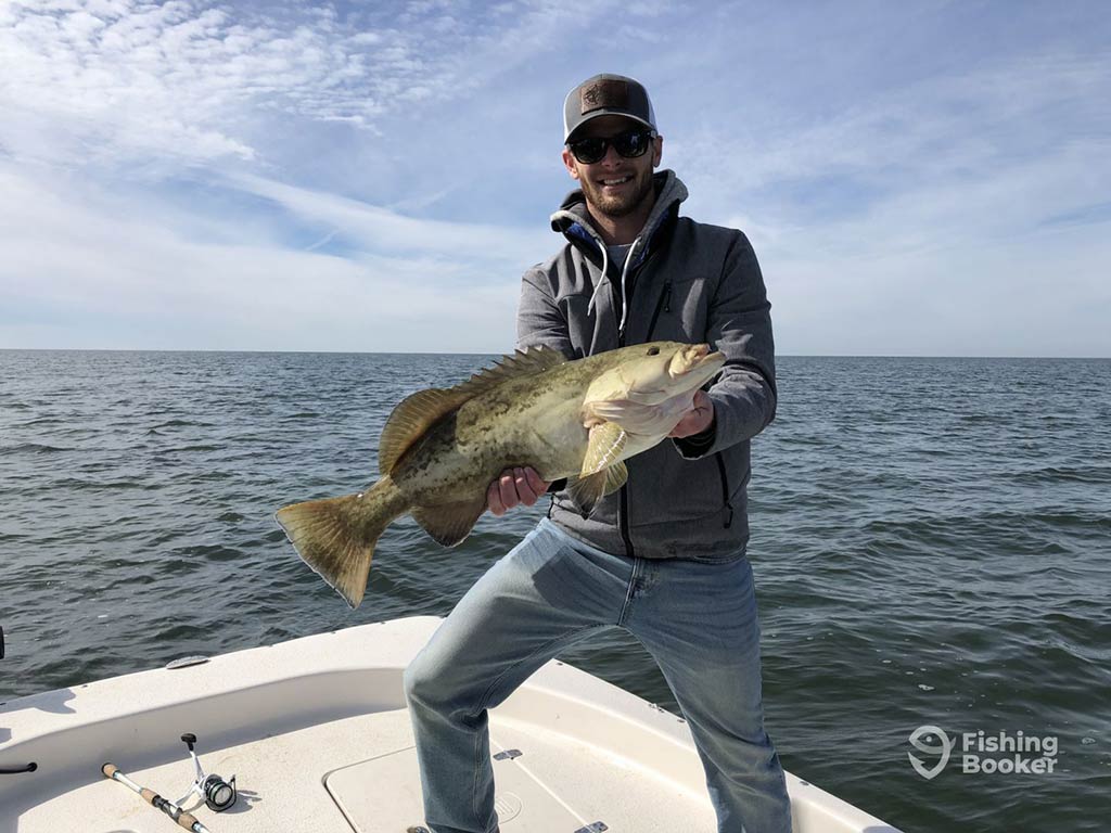 An angler wearing a coat standing on a fishing boat in the Gulf of Mexico and holding a Gag Grouper he caught on a clear day