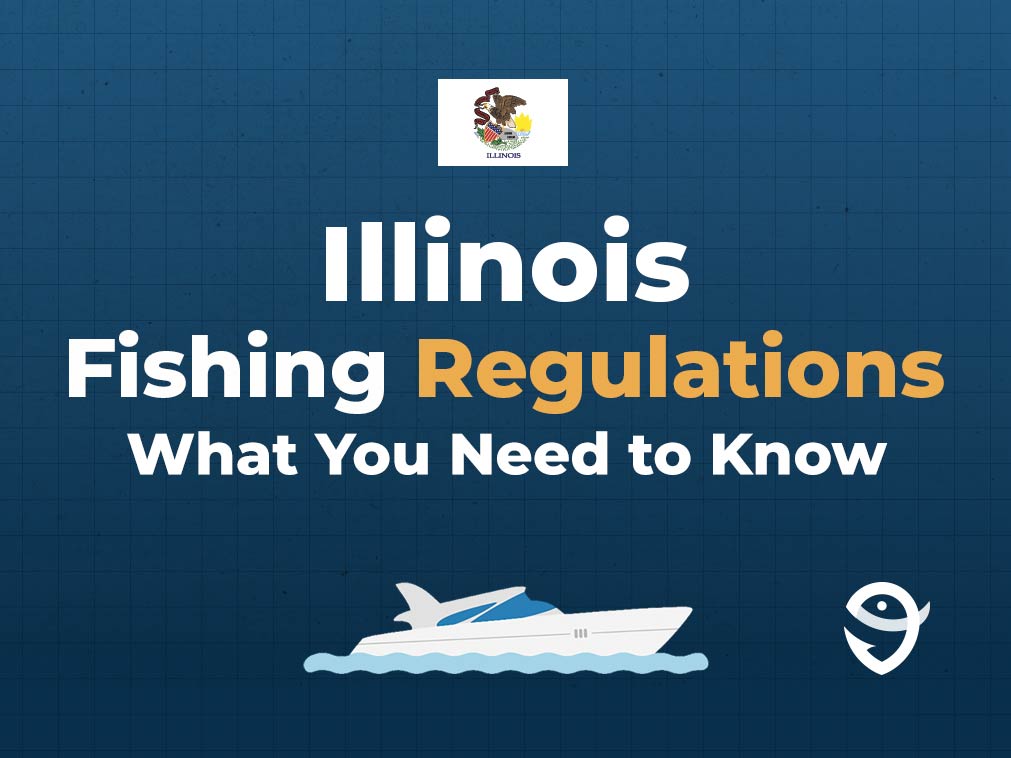 An infographic featuring the state flag of Illinois along with text that says "Illinois Fishing Regulations: What You Need to Know" against a dark blue background