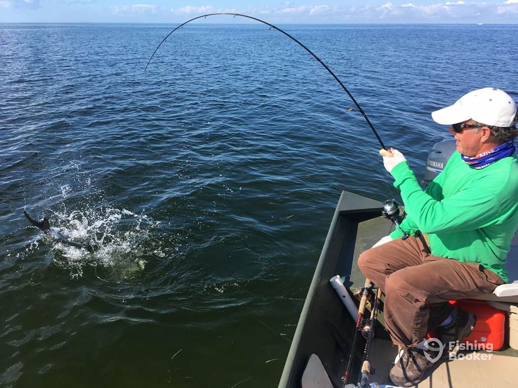 An angler wearing a green sweater and a white baseball cap, sitting and fishing over the side of a fishing boat in Crystal River with a splash around the line in the water on a sunny day