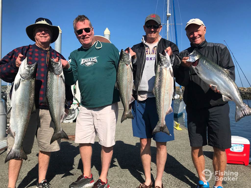 Four male anglers back on the dock after aa successful fishing trip in Puget Sound, each holding a Salmon on a clear day