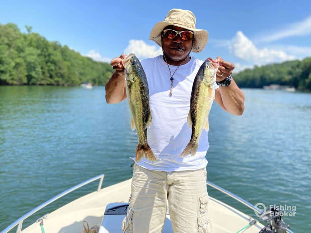 An angler in a white shirt and summer hat standing on the front of a boat in Lake Lanier, holding two Spotted Bass on a clear day, with the water and tree-lined shores behind him