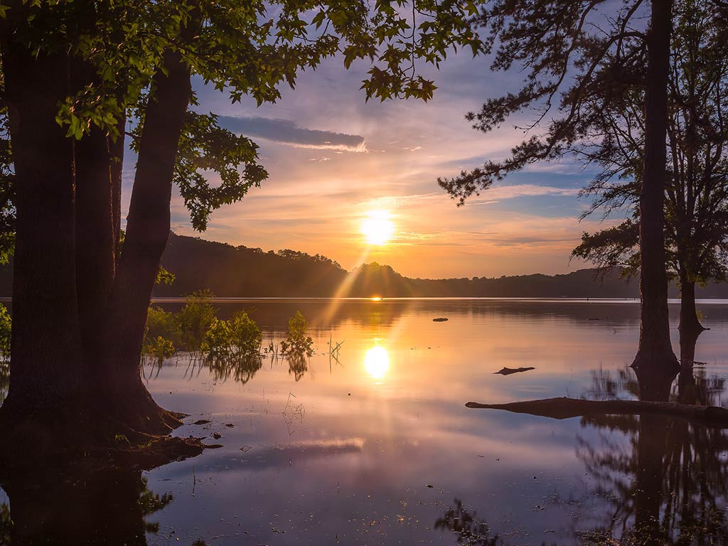 A view across the waters of Lake Lanier at susnet, with the orange sun visible in the distance creating an orange hue and a silhouette of the trees in the foreground