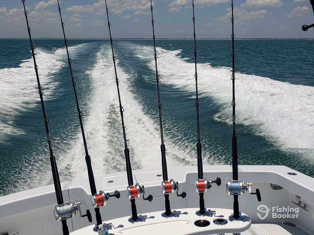 A view out across the back of a fishing charter with six trolling rods visible, trolling behind the boat, with the wake of the boat visible as it speeds offshore on a sunny day