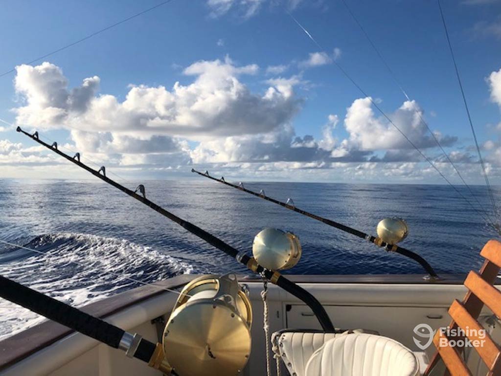 Three trolling rods with big heavy-duty reels fitted on them, leaning over the back of a sportfishing boat in Hawaii on a clear day