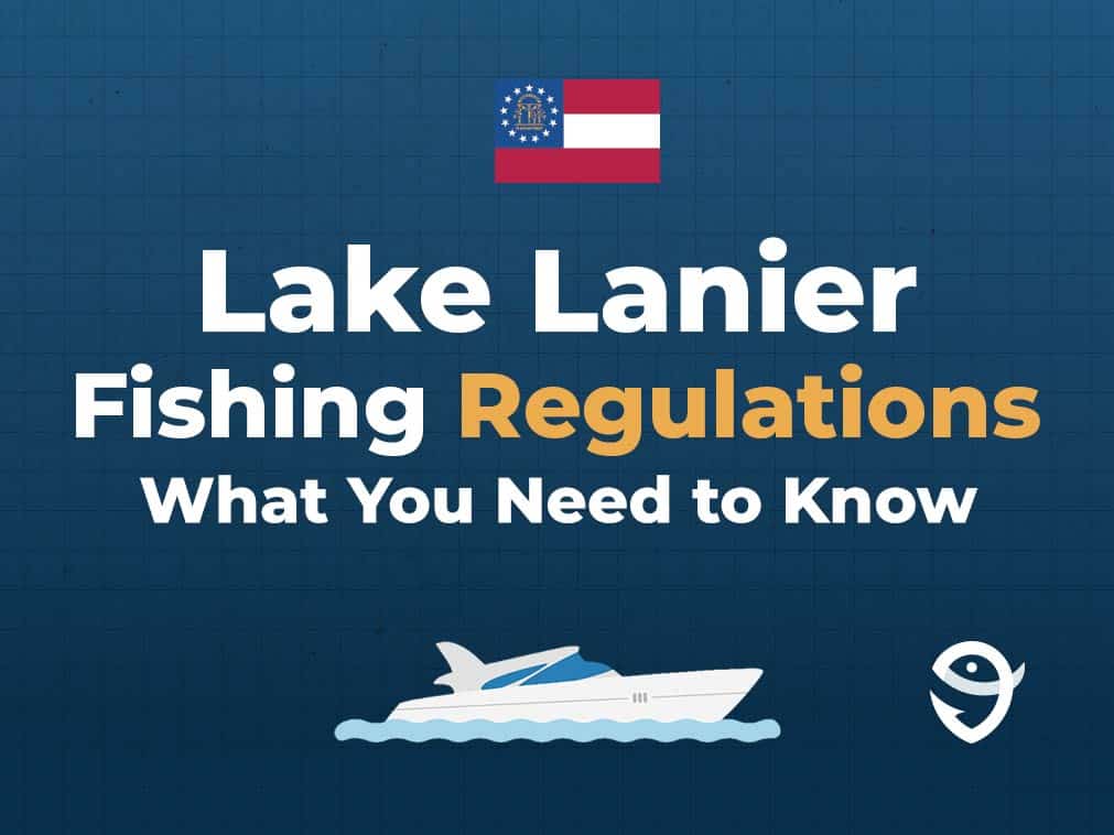 An infographic featuring the state flag of Georgia along with text that says "Lake Lanier Fishing Regulations: What You Need to Know" against a dark blue background