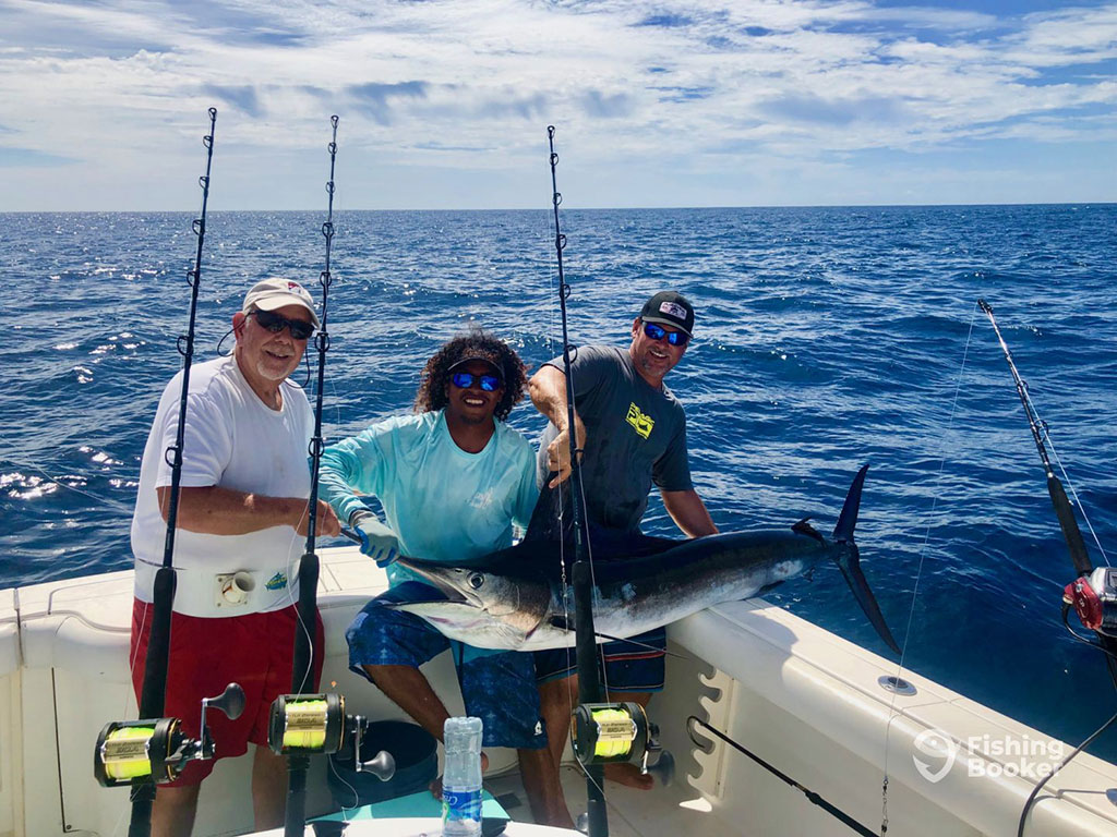 Three anglers standing on a fishing boat in Costa Rica, holding a large Marlin behind three trolling rods on a clear day with the water and blue skies visible behind them