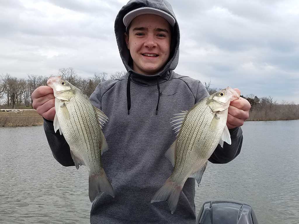 A young man holding two White Bass aboard a fishing charter