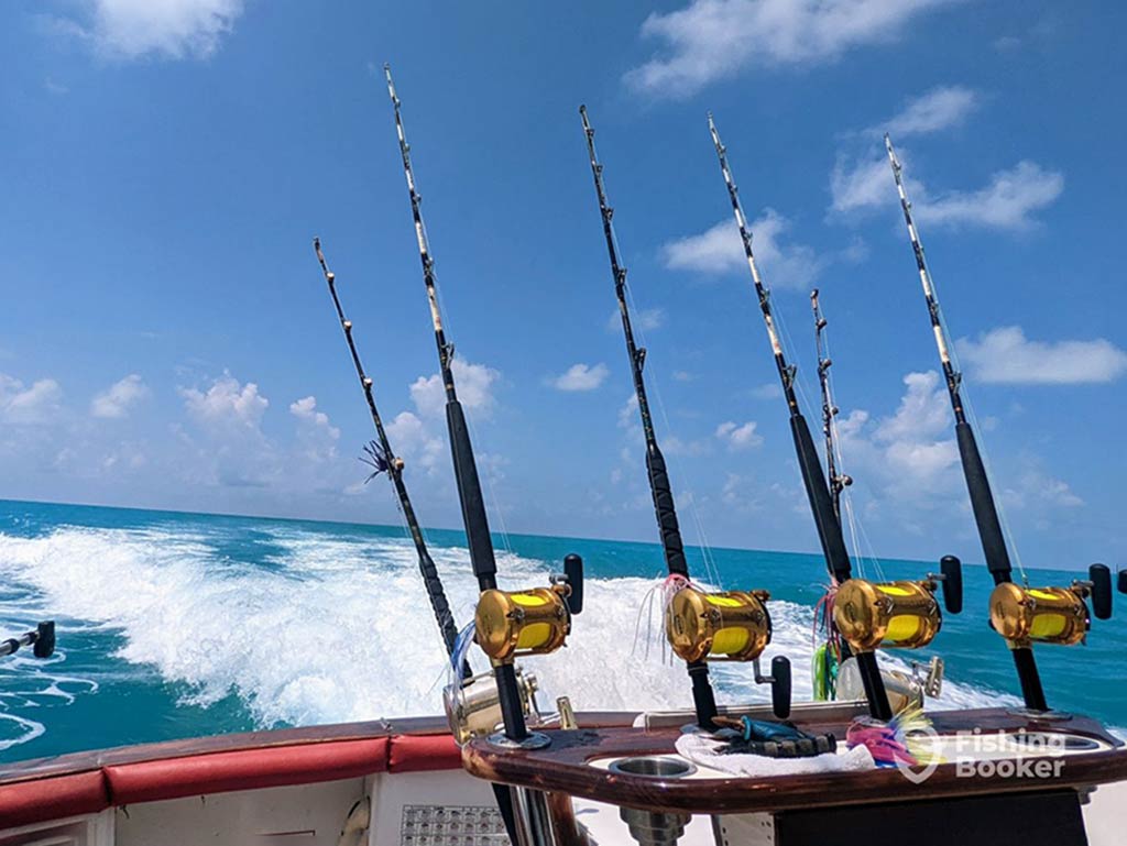 A number of trolling lines off the back of a fishing boat from Key West, trying to entice the bite of a Marlin in the clear waters on a sunny day, with the wale of the boat visible in the water